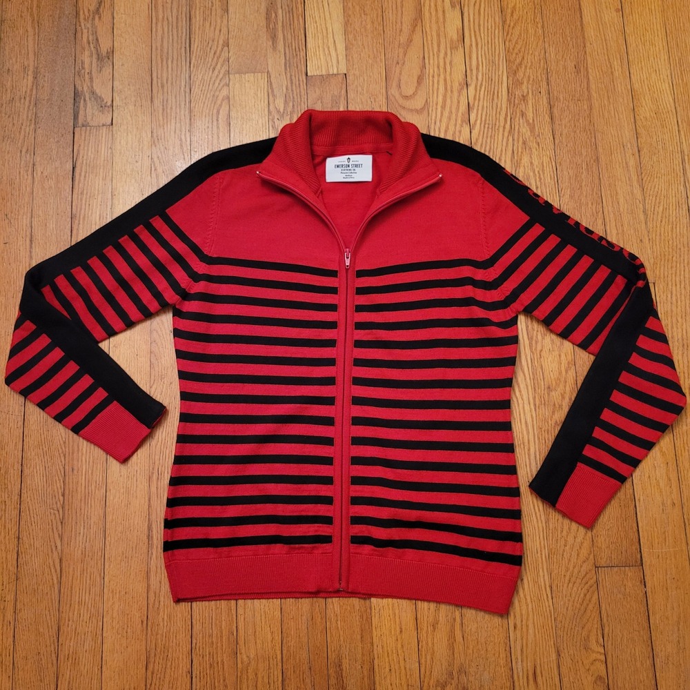 Emerson Street Red Black Stripe Zip‎ Up Sweater M DAVIDSON WILDCATS Sports NC